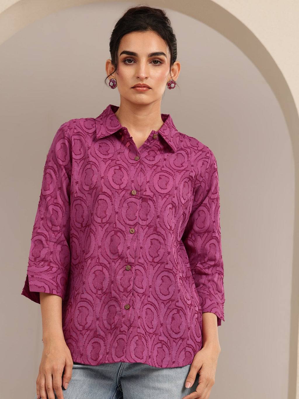 Libas Dark Pink Textured Cotton Shirt K60