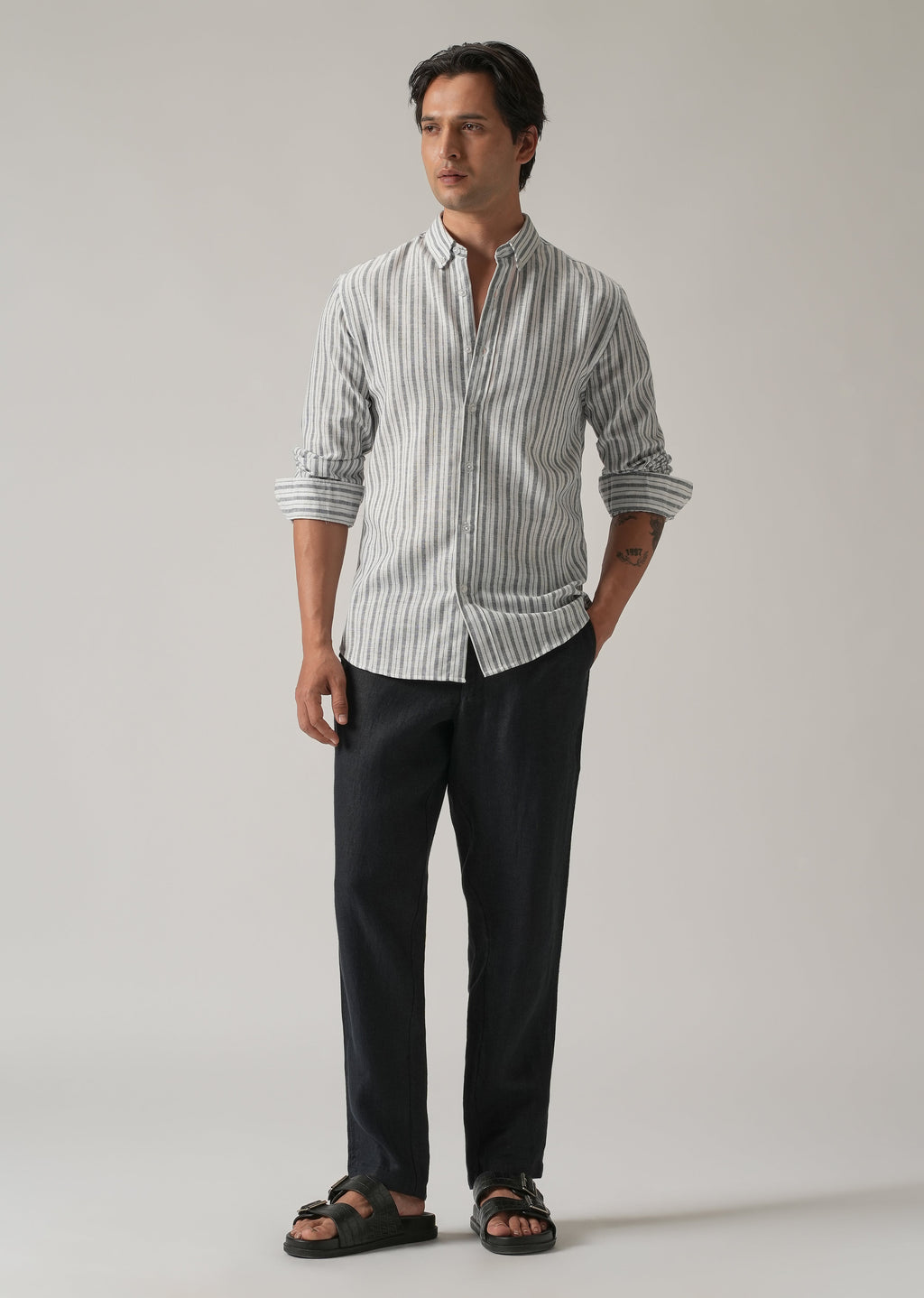 Dark Blue Linen Stripe Shirt