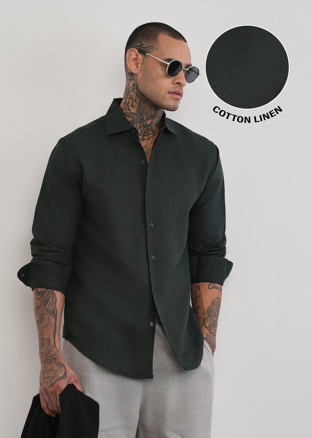 Dark Green Plain Cotton Linen Shirt