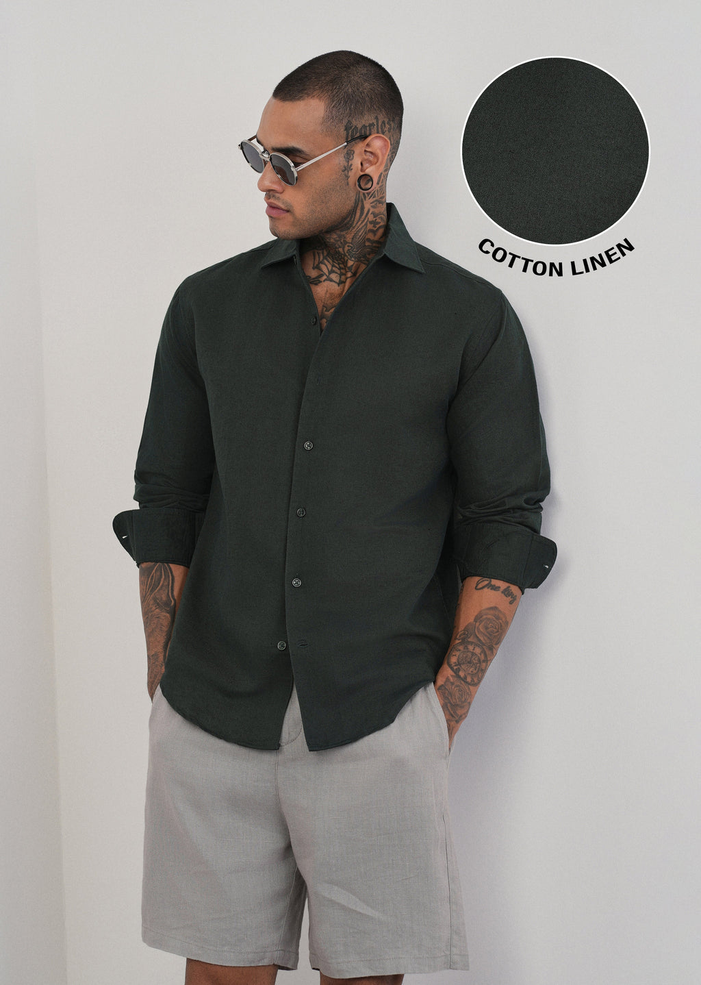 Dark Green Plain Cotton Linen Shirt