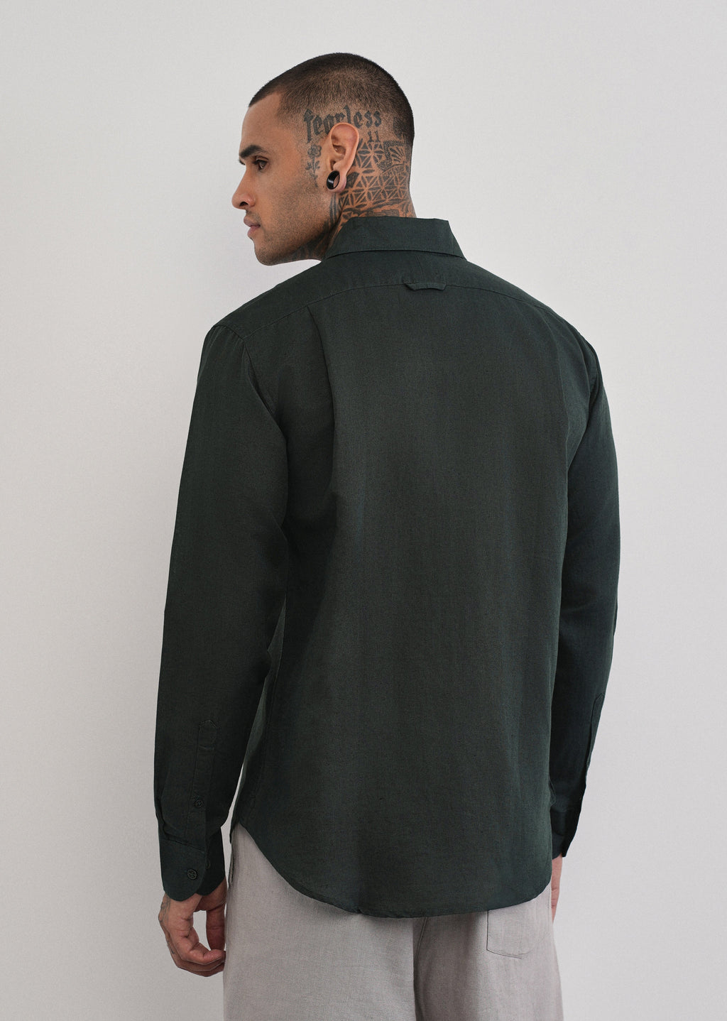 Dark Green Plain Cotton Linen Shirt