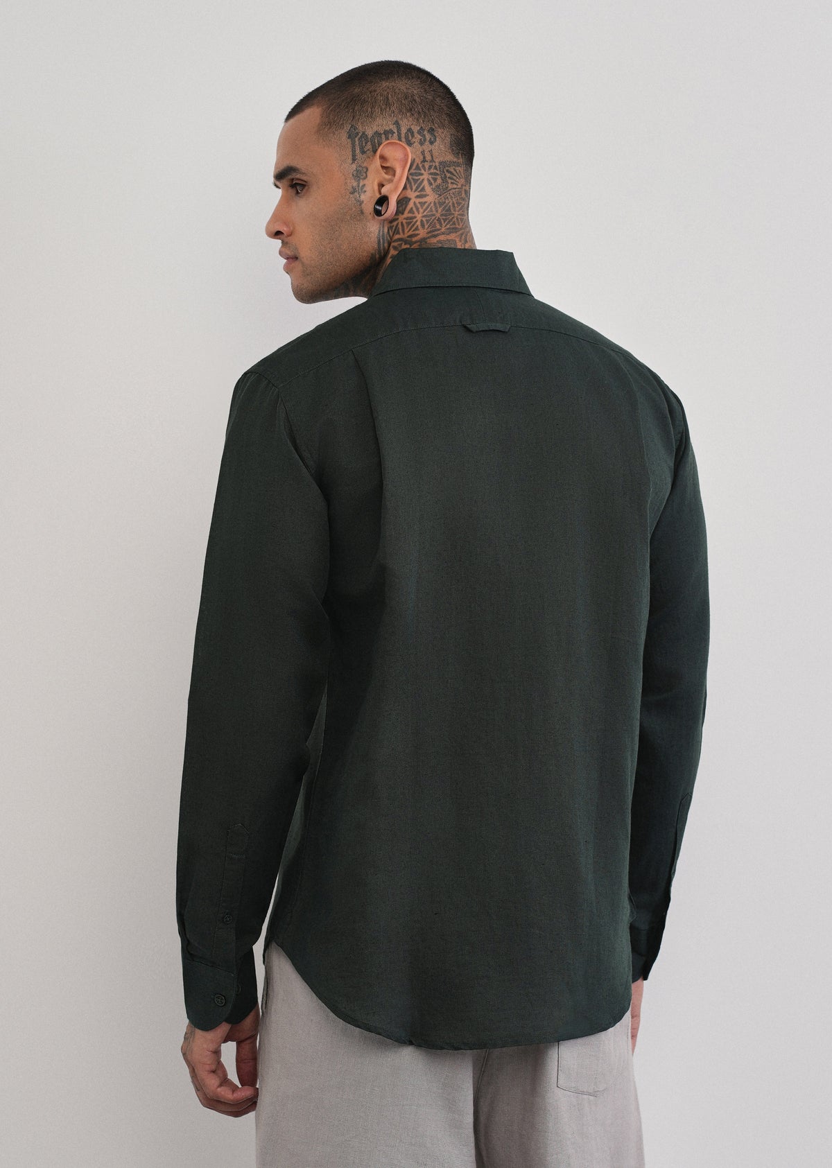 Dark Green Plain Cotton Linen Shirt