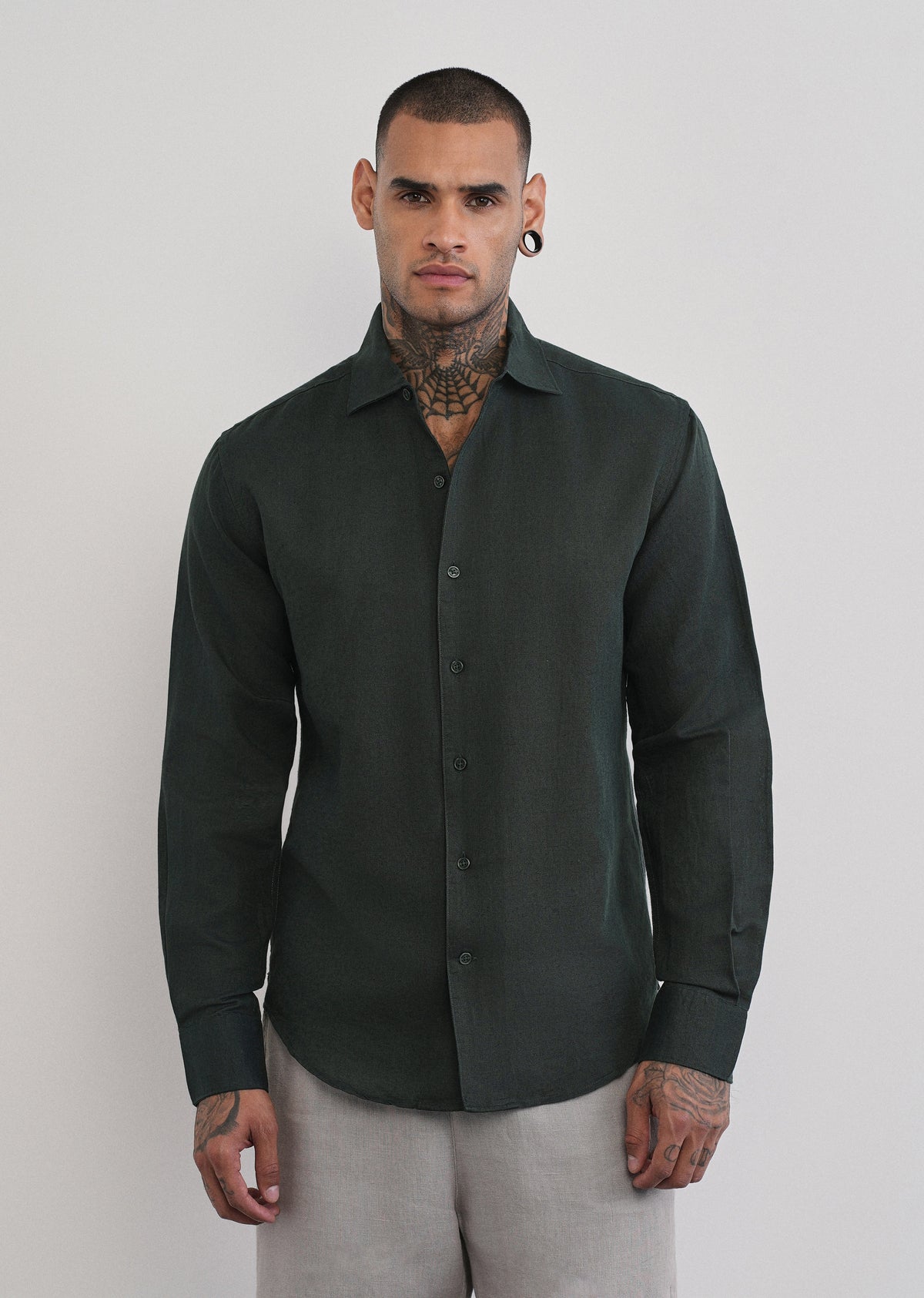 Dark Green Plain Cotton Linen Shirt