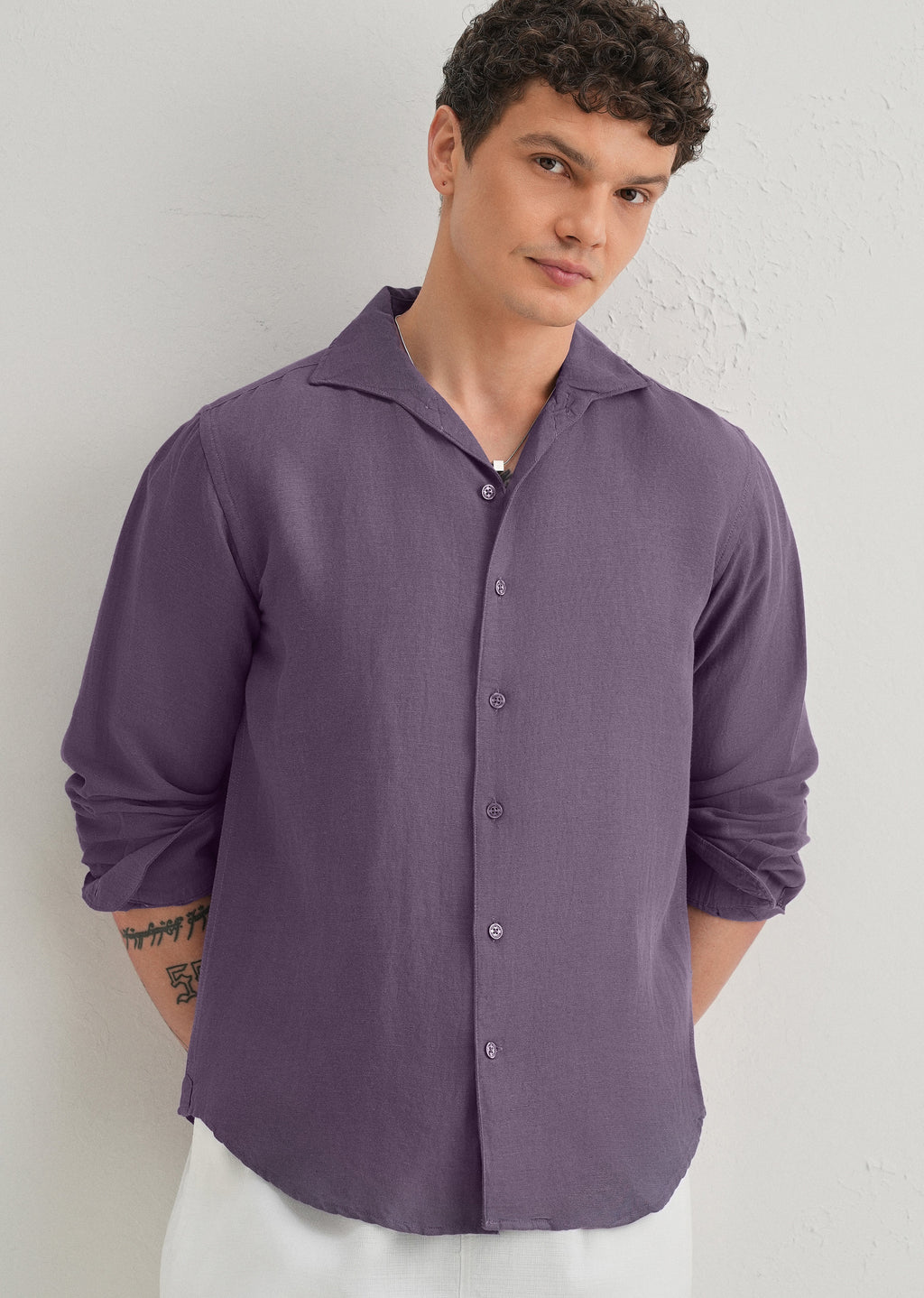 Dark Purple Plain Linen Viscose Shirt