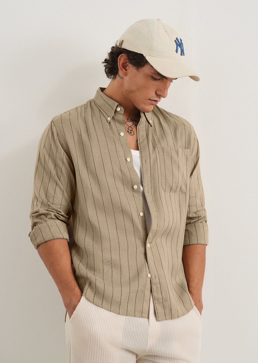 Dark Tan Lyocell Linen Stripe Shirt