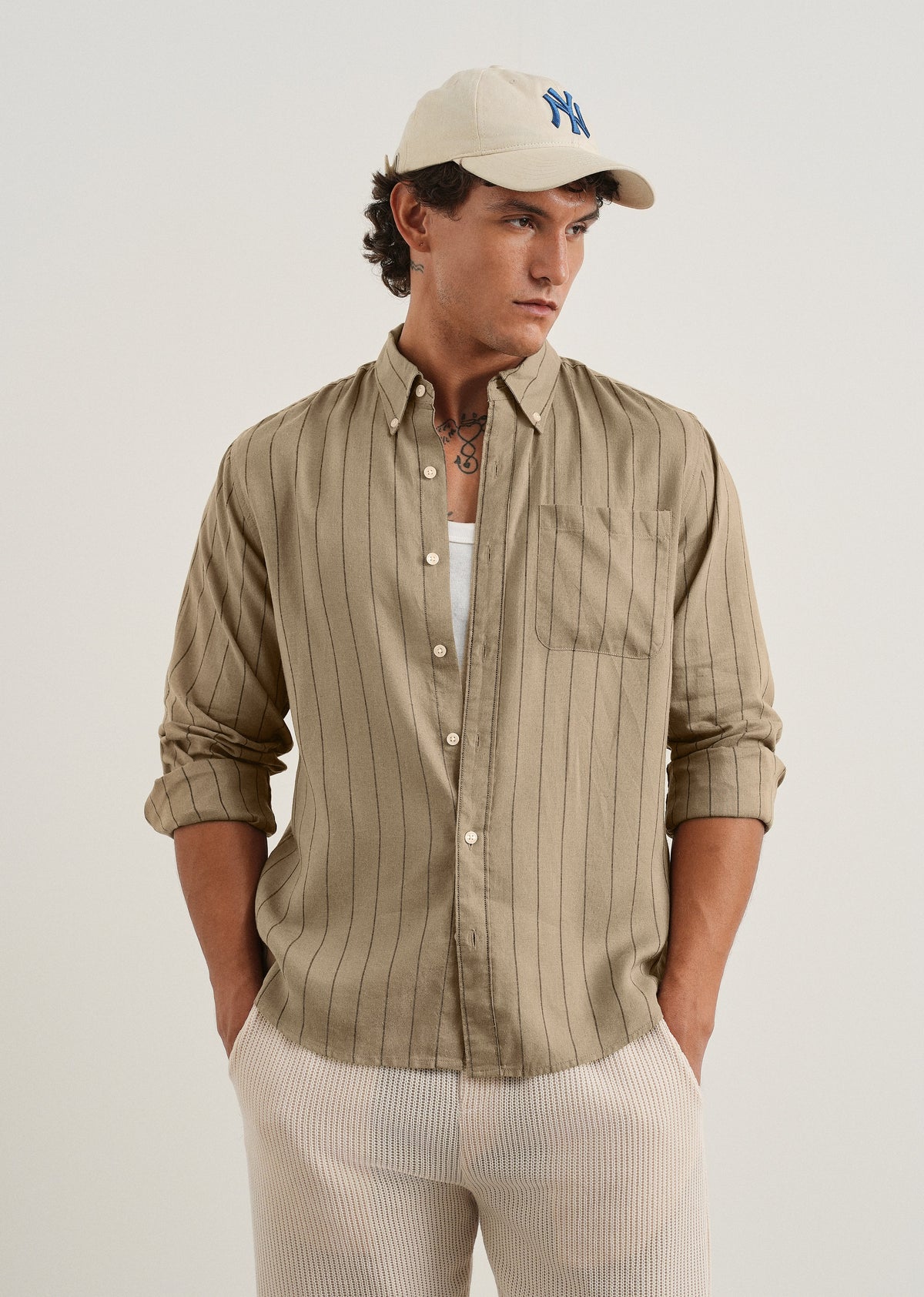 Dark Tan Lyocell Linen Stripe Shirt
