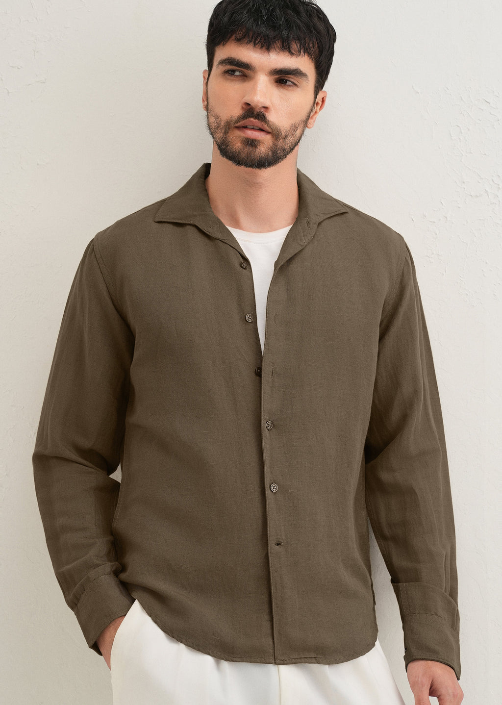 Dark Khaki Plain Linen Viscose Shirt