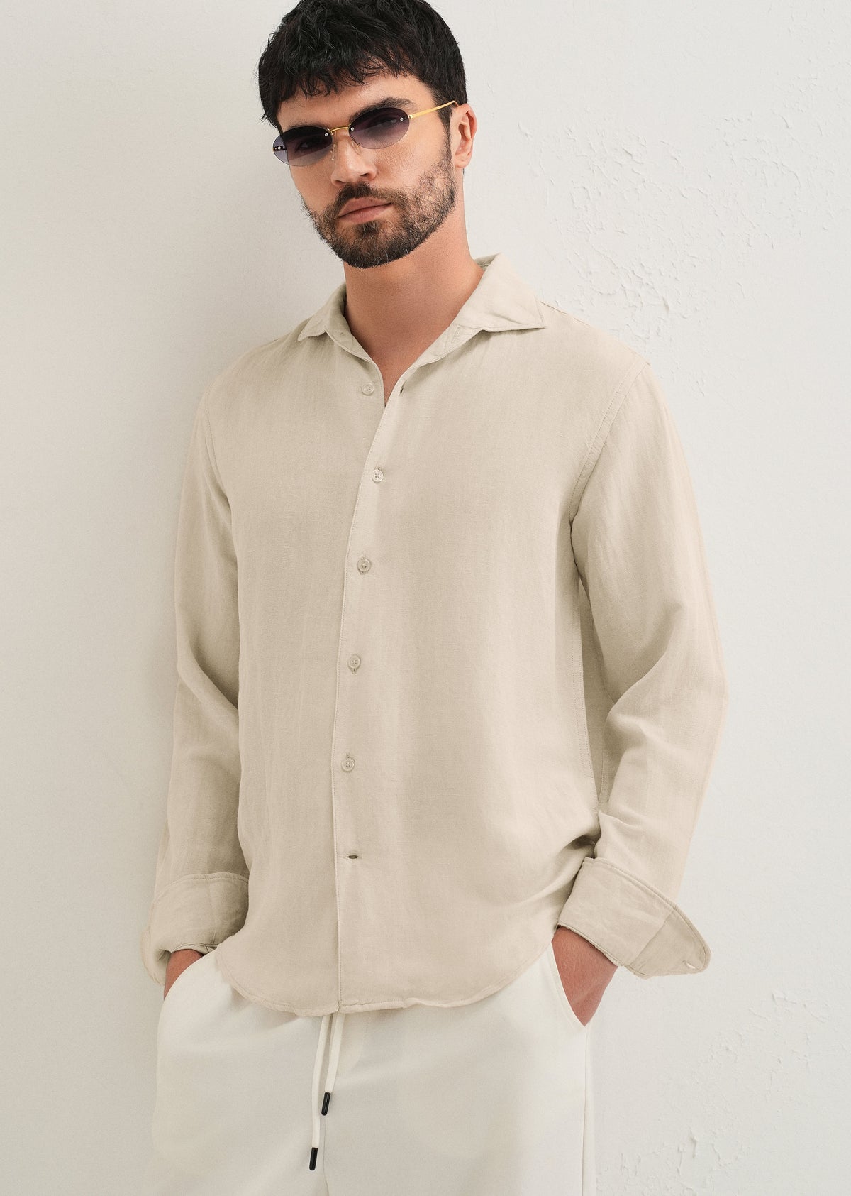 Ecru Plain Linen Viscose Shirt