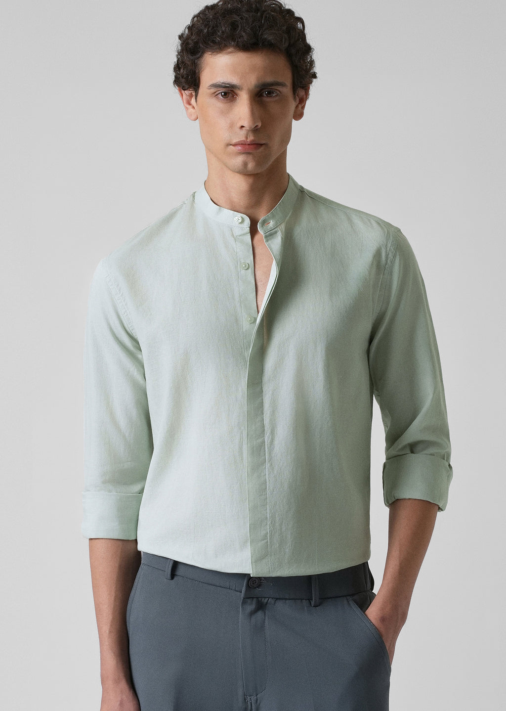 French Mist Green Cotton Linen Shirt