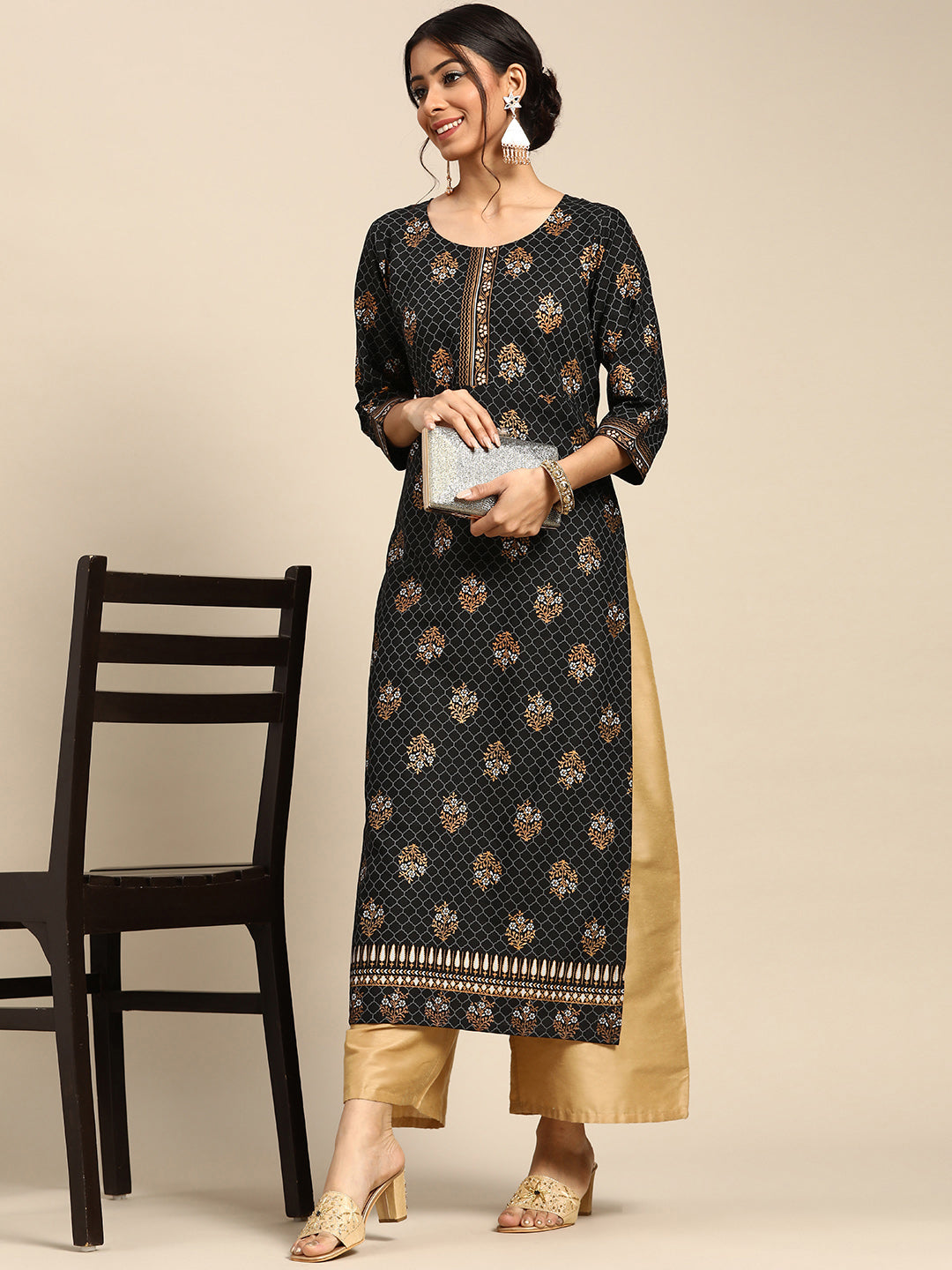 Gerua Black Printed Rayon Kurta