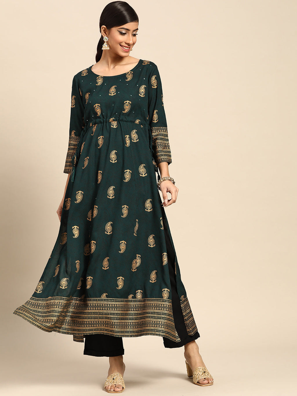 Gerua Green Printed Rayon Kurta