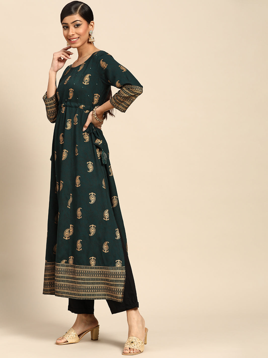 Gerua Green Printed Rayon Kurta