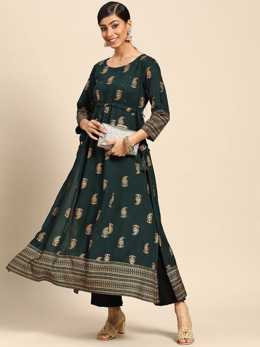 Gerua Green Printed Rayon Kurta