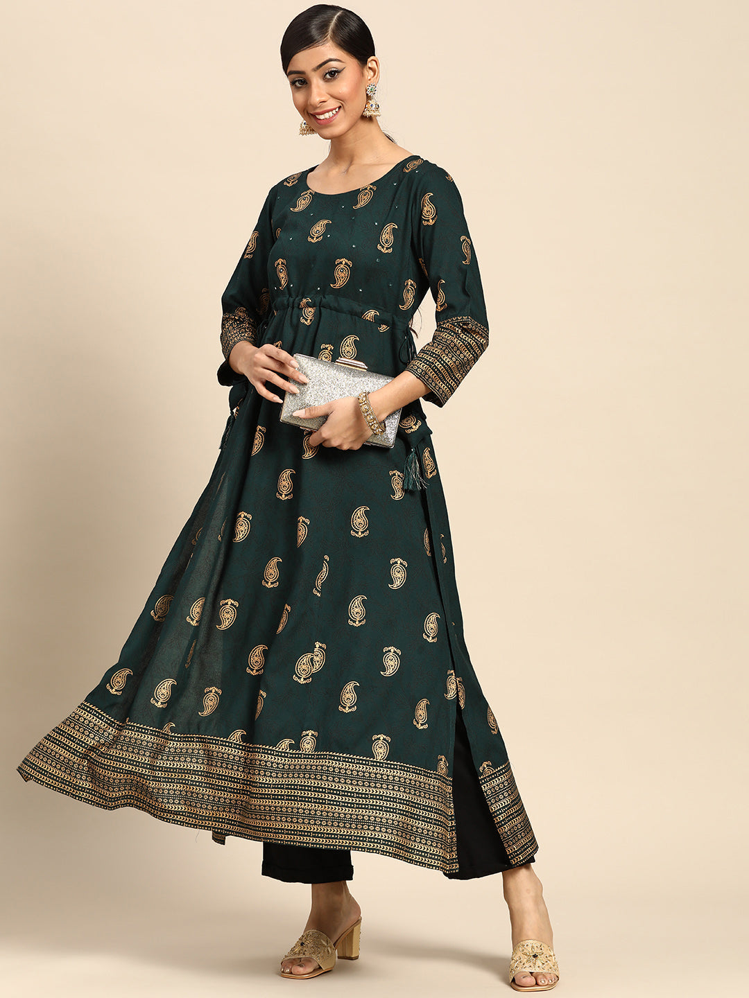 Gerua Green Printed Rayon Kurta