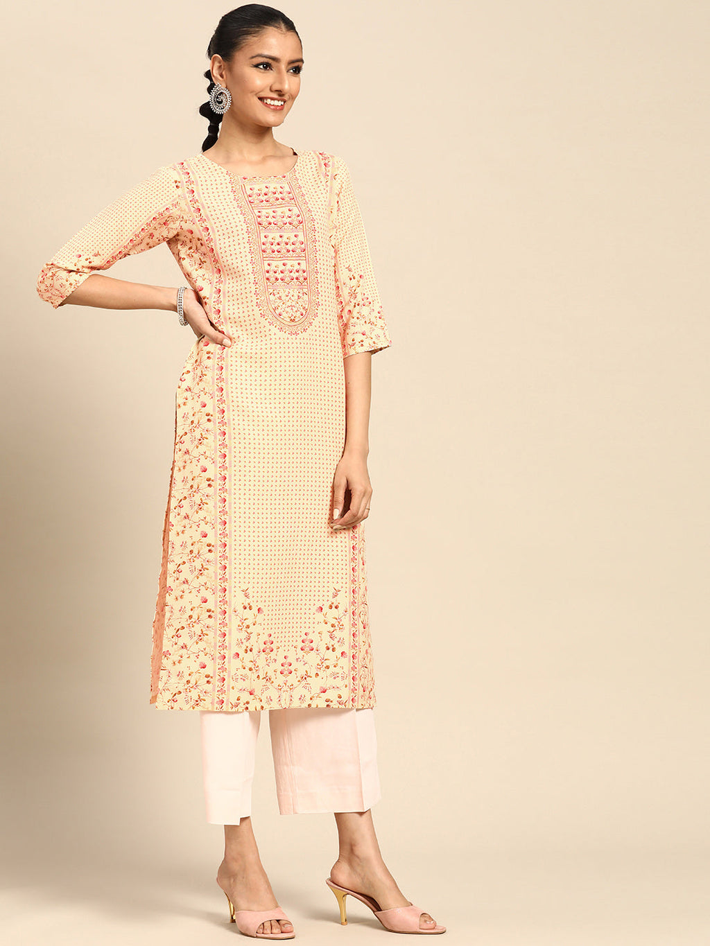 Gerua Yellow Printed Rayon Kurta