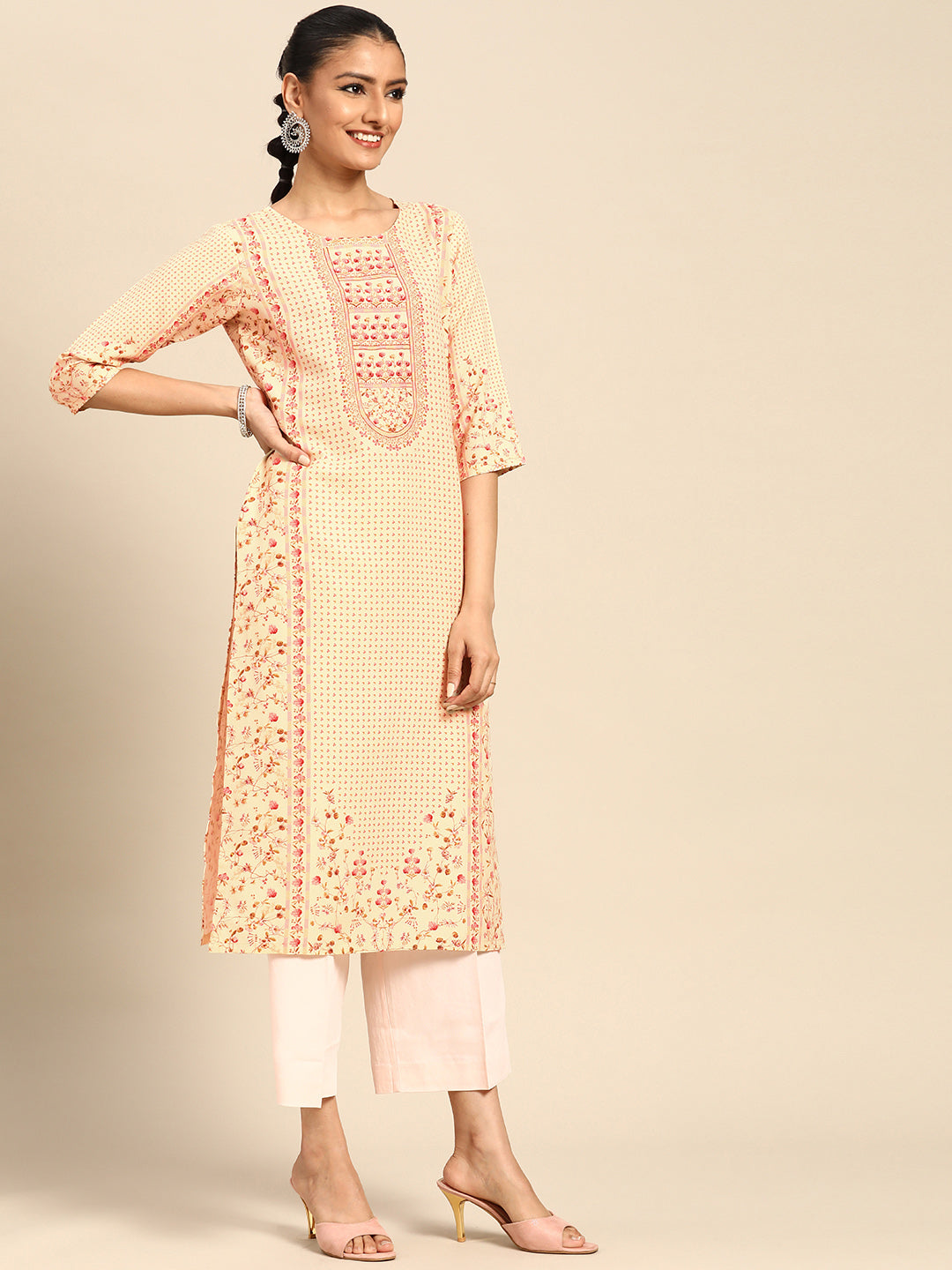 Gerua Yellow Printed Rayon Kurta