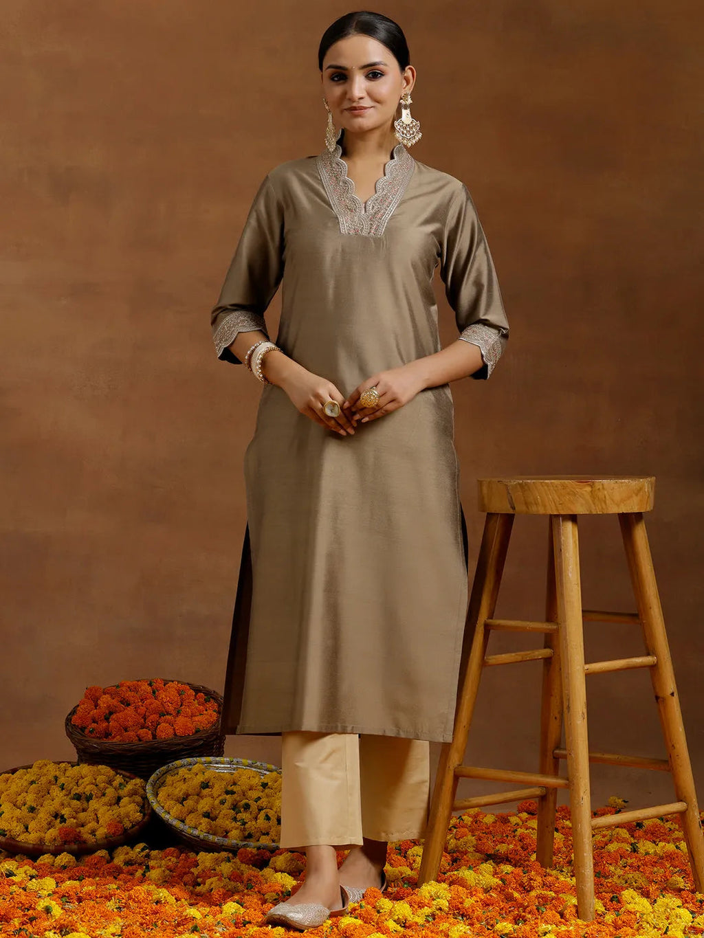 Gerua Gold Embroidered Silk Straight Kurta