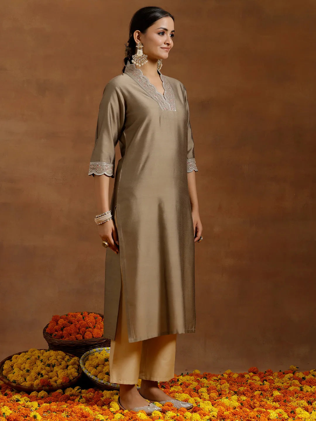 Gerua Gold Embroidered Silk Straight Kurta
