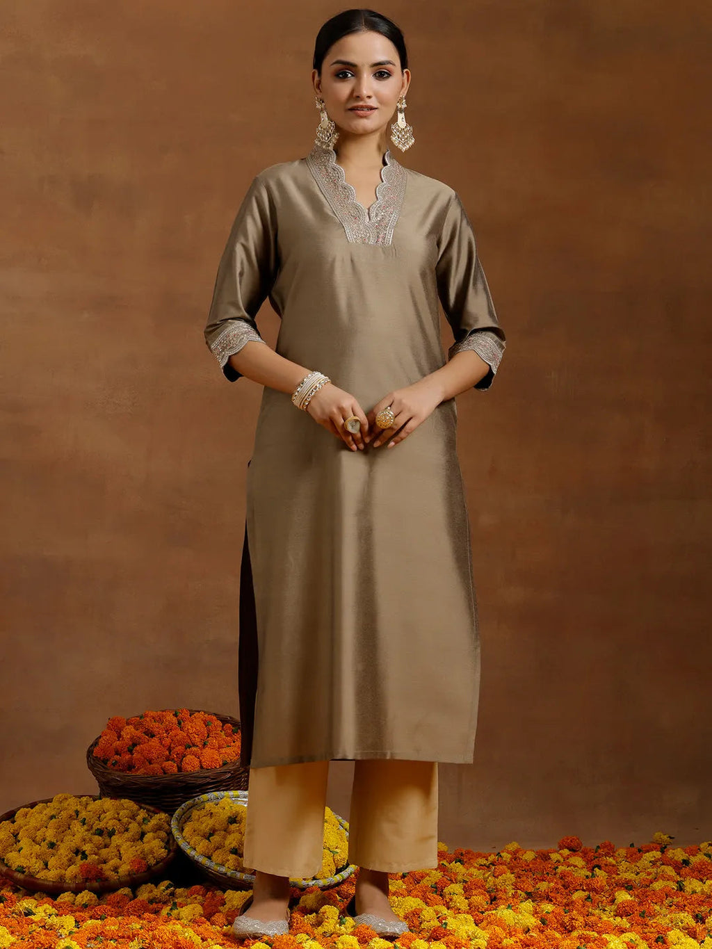 Gerua Gold Embroidered Silk Straight Kurta