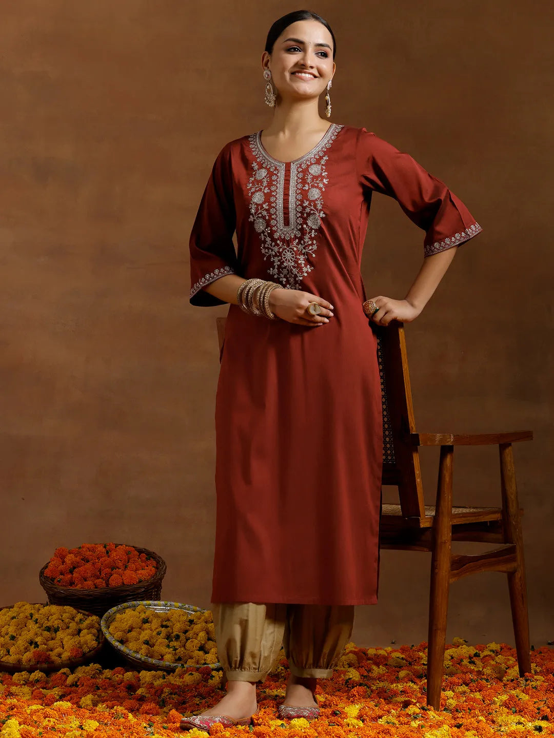 Gerua Maroon Embroidered Silk Straight Kurta