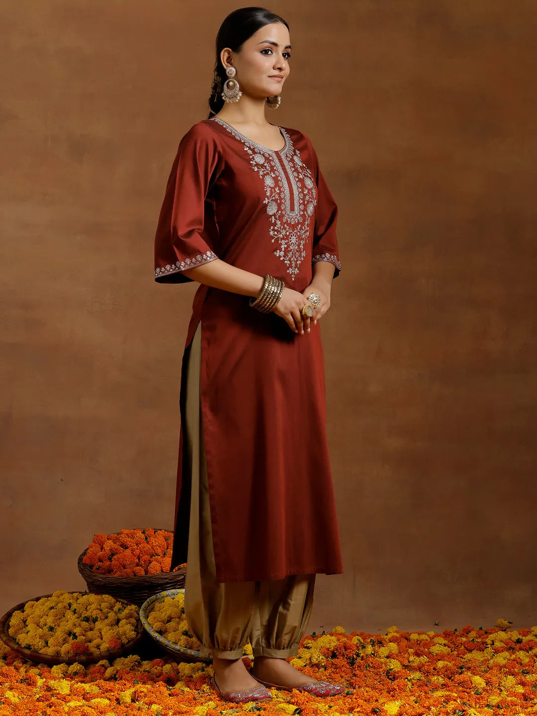 Gerua Maroon Embroidered Silk Straight Kurta