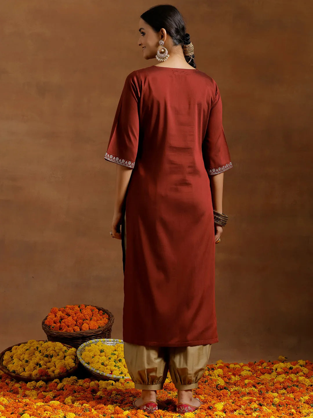 Gerua Maroon Embroidered Silk Straight Kurta