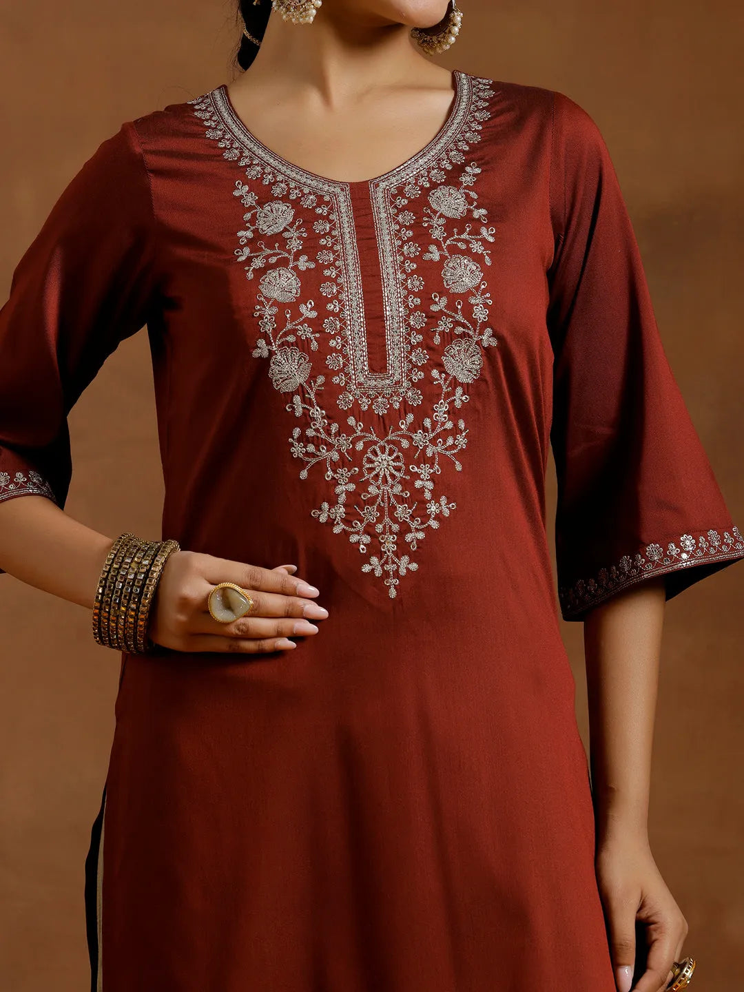 Gerua Maroon Embroidered Silk Straight Kurta