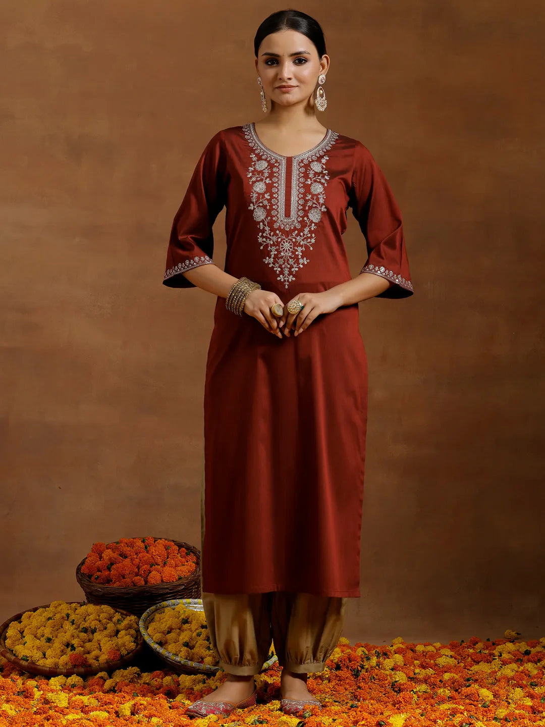 Gerua Maroon Embroidered Silk Straight Kurta