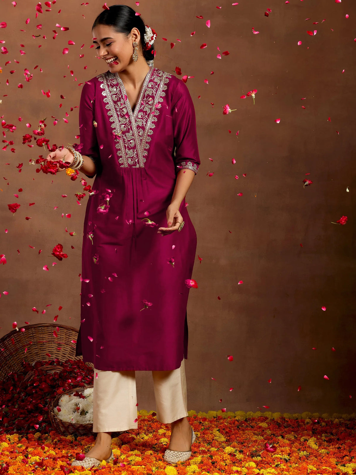 Gerua Maroon Yoke Design Silk Straight Kurta