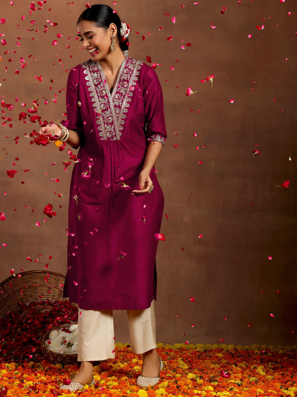 Gerua Maroon Yoke Design Silk Straight Kurta