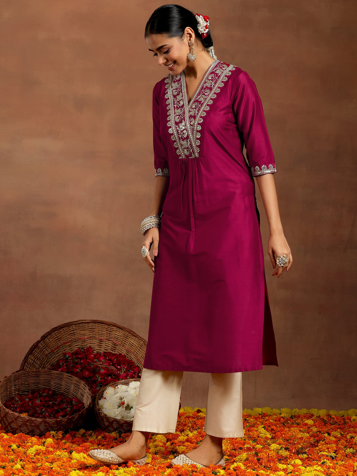Gerua Maroon Yoke Design Silk Straight Kurta