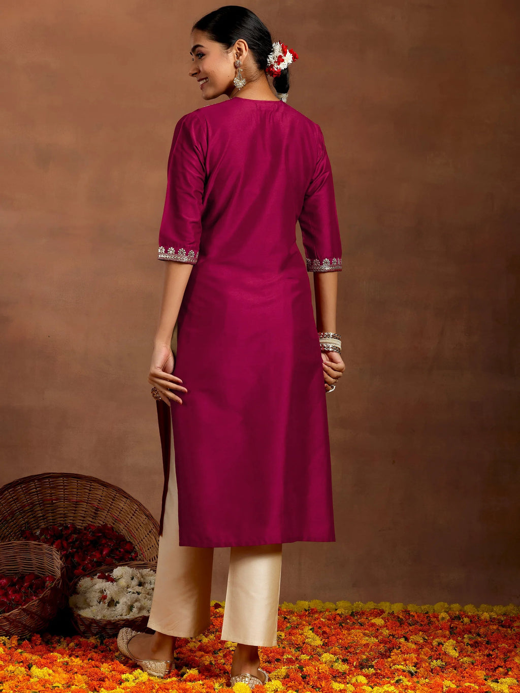 Gerua Maroon Yoke Design Silk Straight Kurta