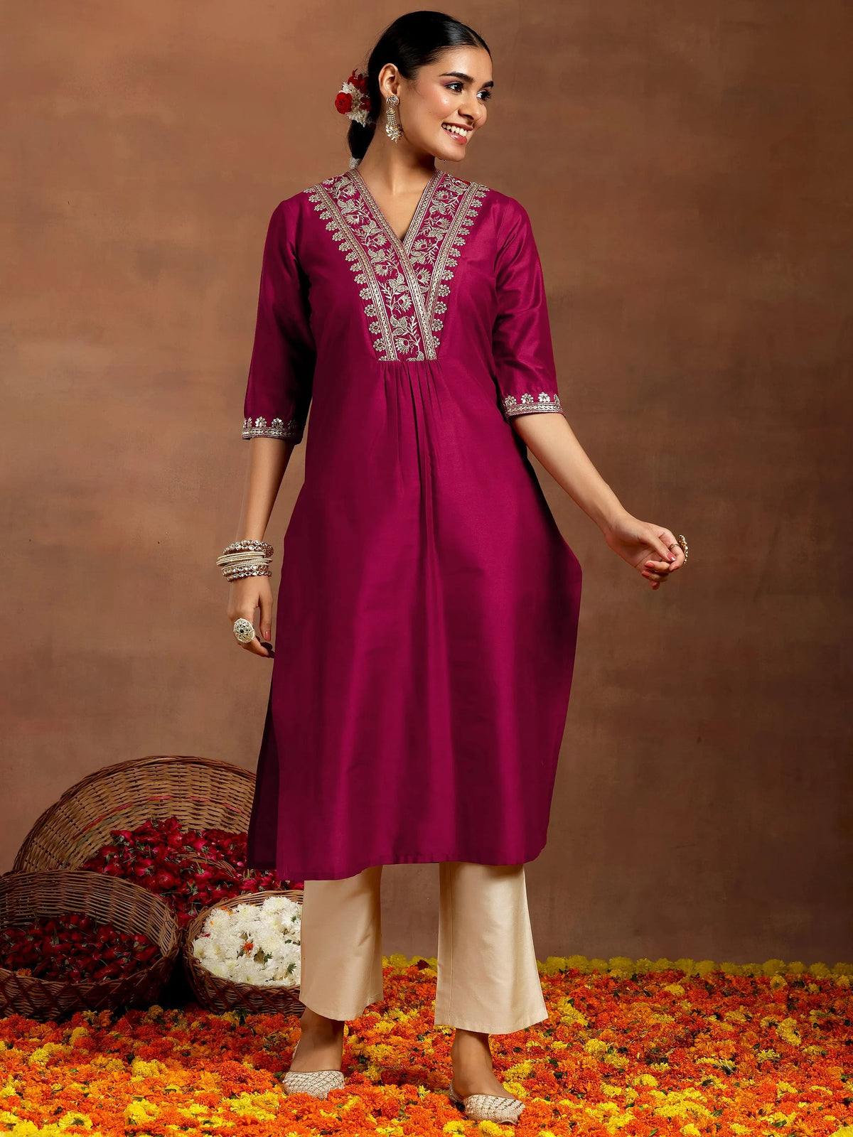Gerua Maroon Yoke Design Silk Straight Kurta