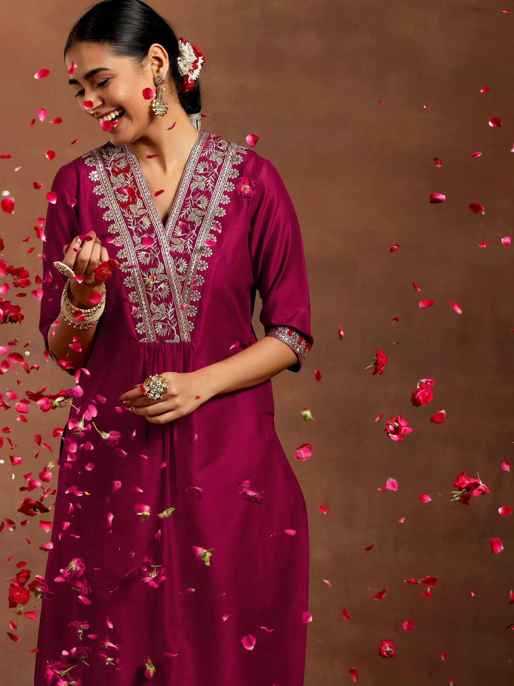 Gerua Maroon Yoke Design Silk Straight Kurta