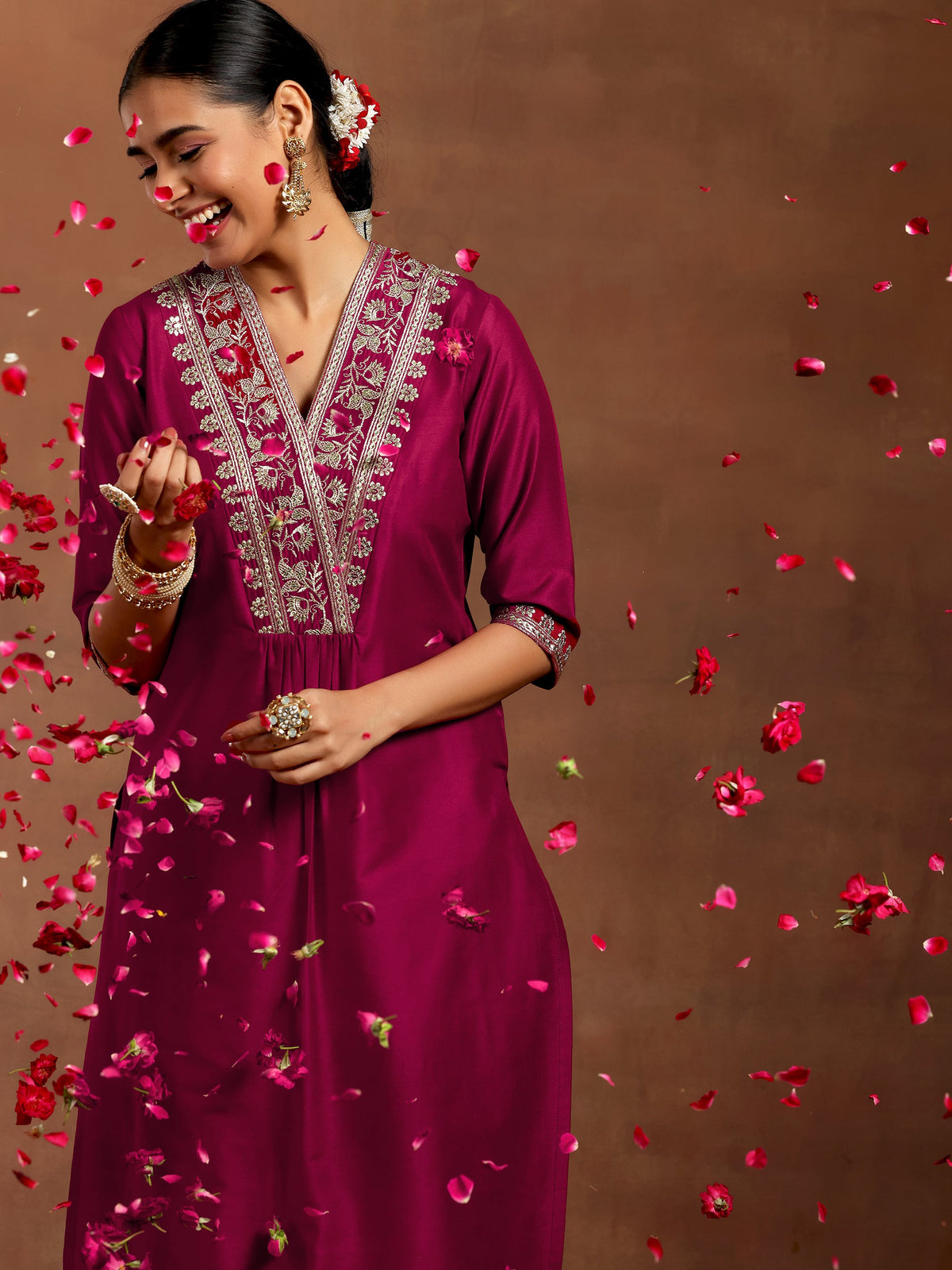 Gerua Maroon Yoke Design Silk Straight Kurta