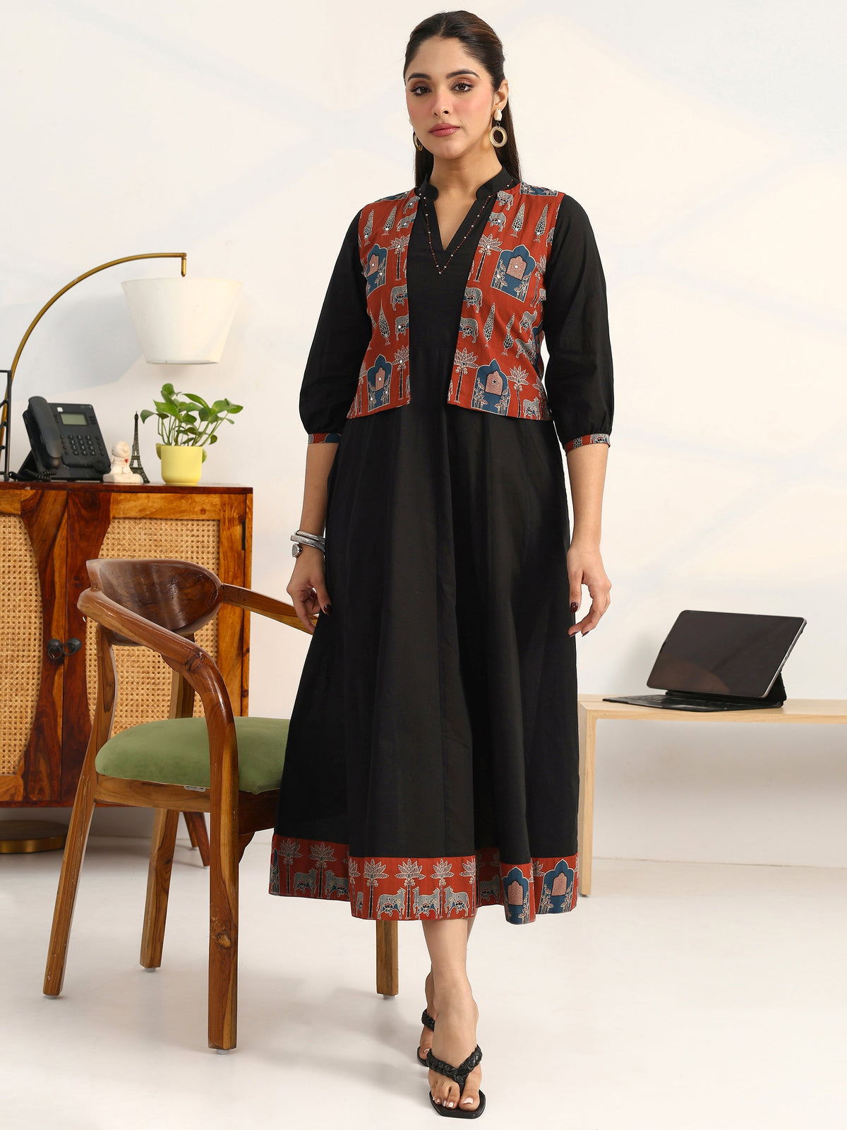 Gerua Black Solid Cotton Blend A-Line Puff Sleeves One Piece Dress With Jacket