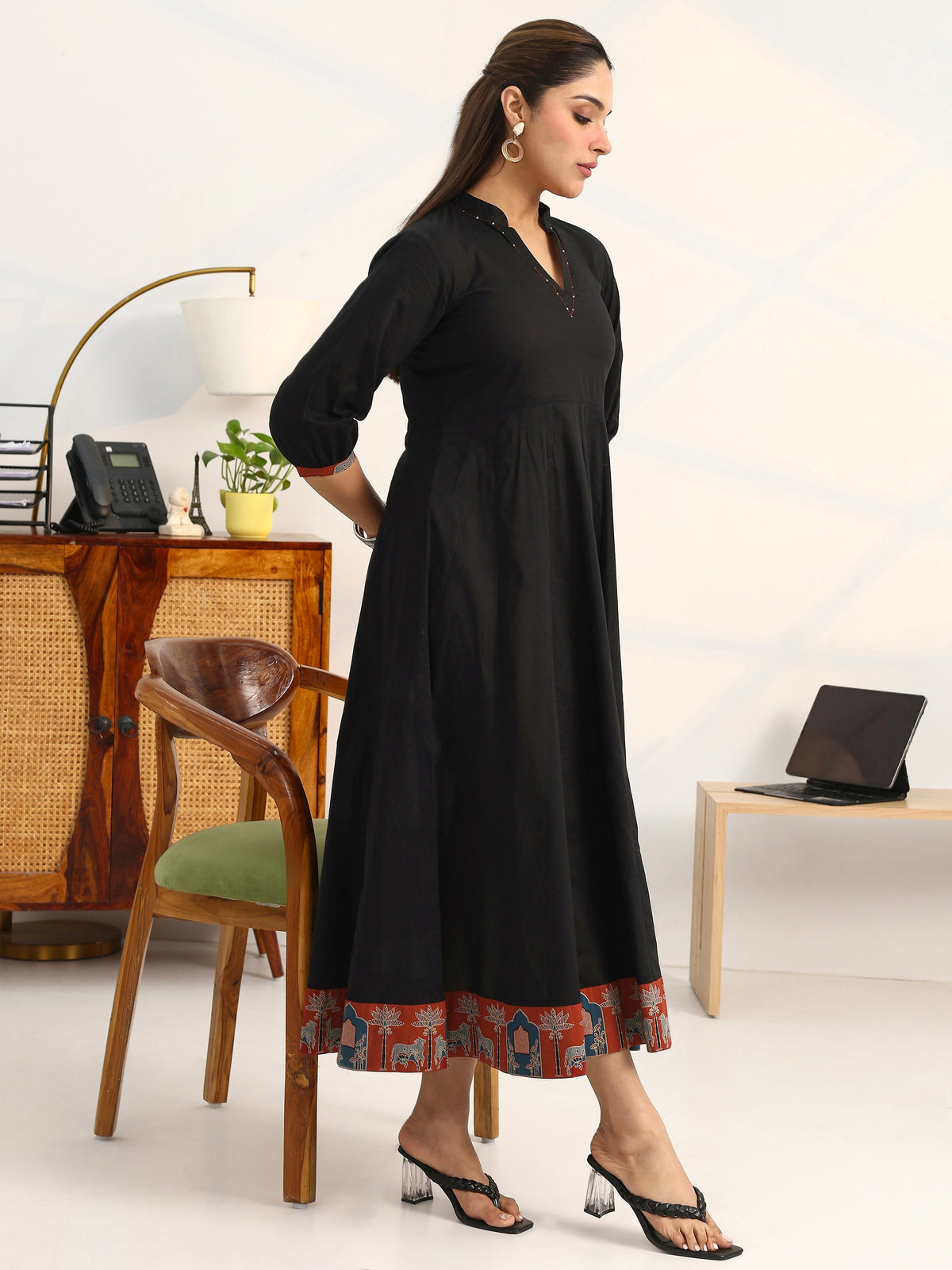 Gerua Black Solid Cotton Blend A-Line Puff Sleeves One Piece Dress With Jacket