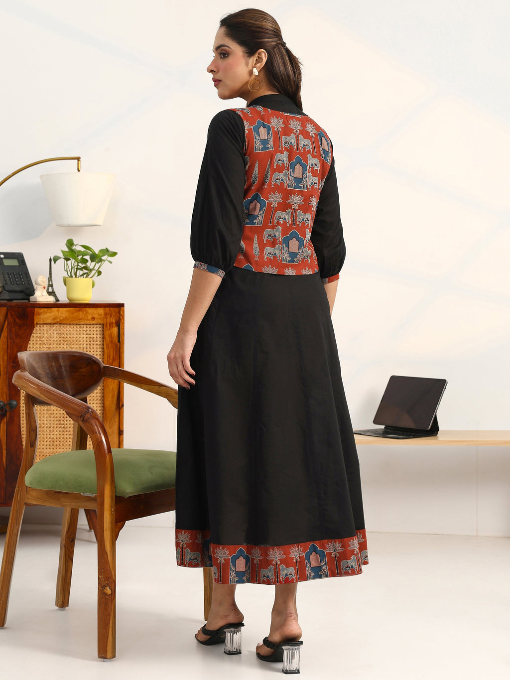 Gerua Black Solid Cotton Blend A-Line Puff Sleeves One Piece Dress With Jacket
