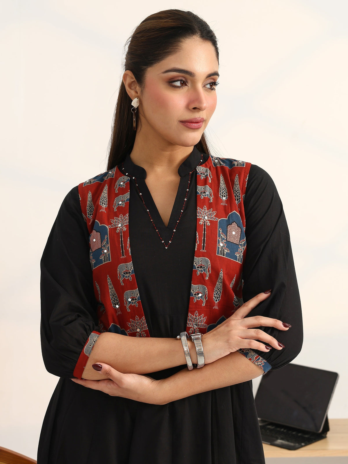Gerua Black Solid Cotton Blend A-Line Puff Sleeves One Piece Dress With Jacket