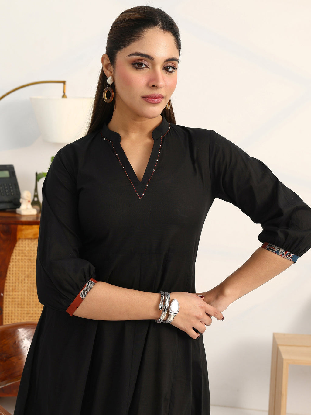 Gerua Black Solid Cotton Blend A-Line Puff Sleeves One Piece Dress With Jacket
