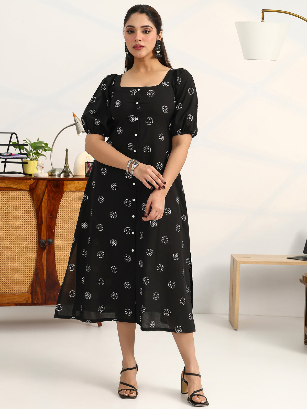 Gerua Black Printed Cotton Blend A-Line Puff Sleeves One Piece Dress