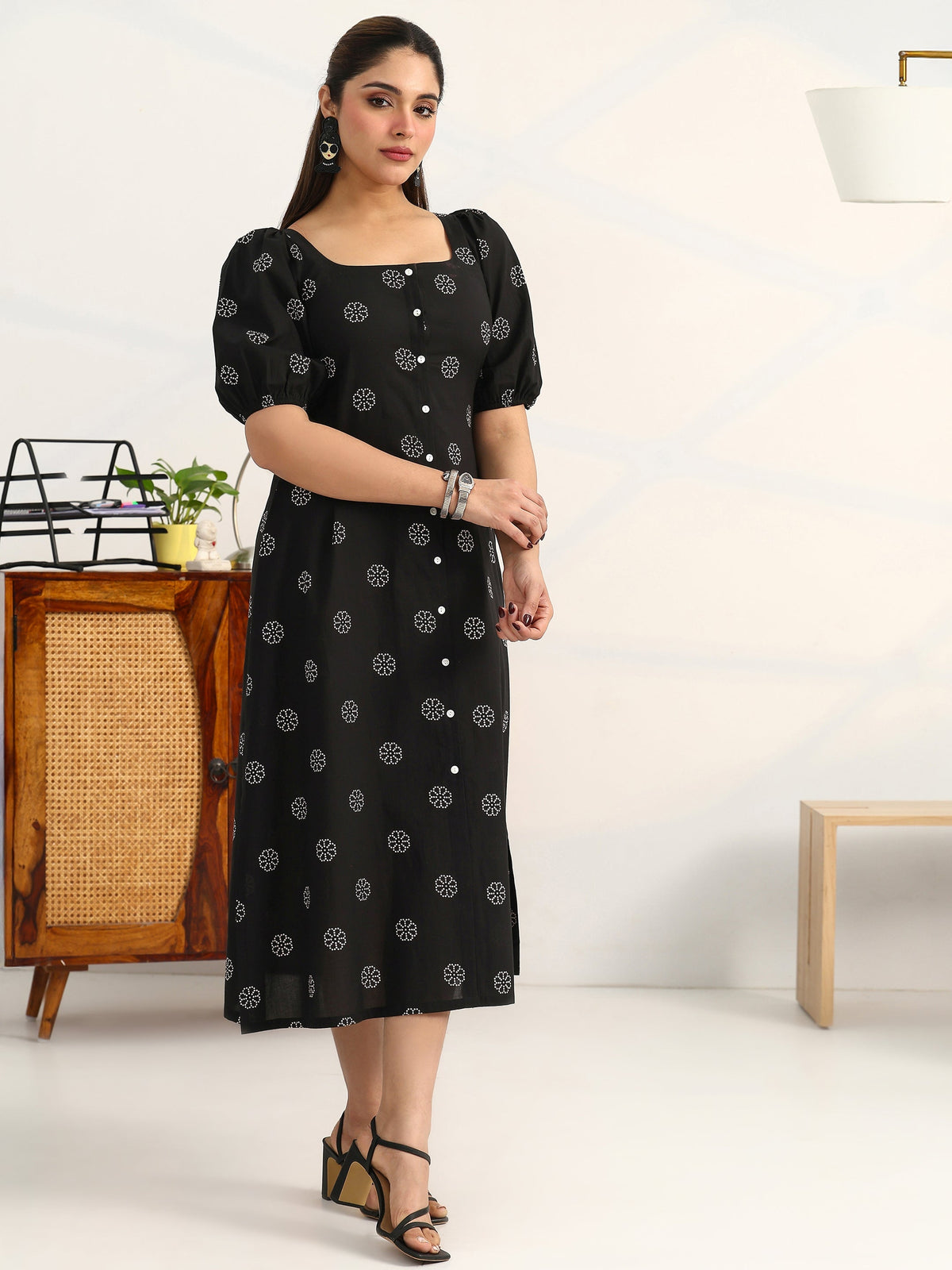 Gerua Black Printed Cotton Blend A-Line Puff Sleeves One Piece Dress
