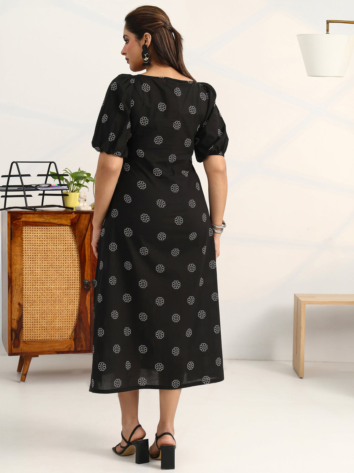 Gerua Black Printed Cotton Blend A-Line Puff Sleeves One Piece Dress