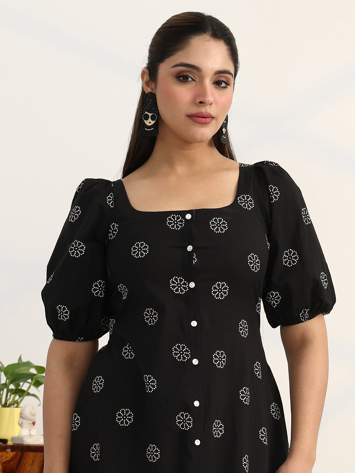 Gerua Black Printed Cotton Blend A-Line Puff Sleeves One Piece Dress