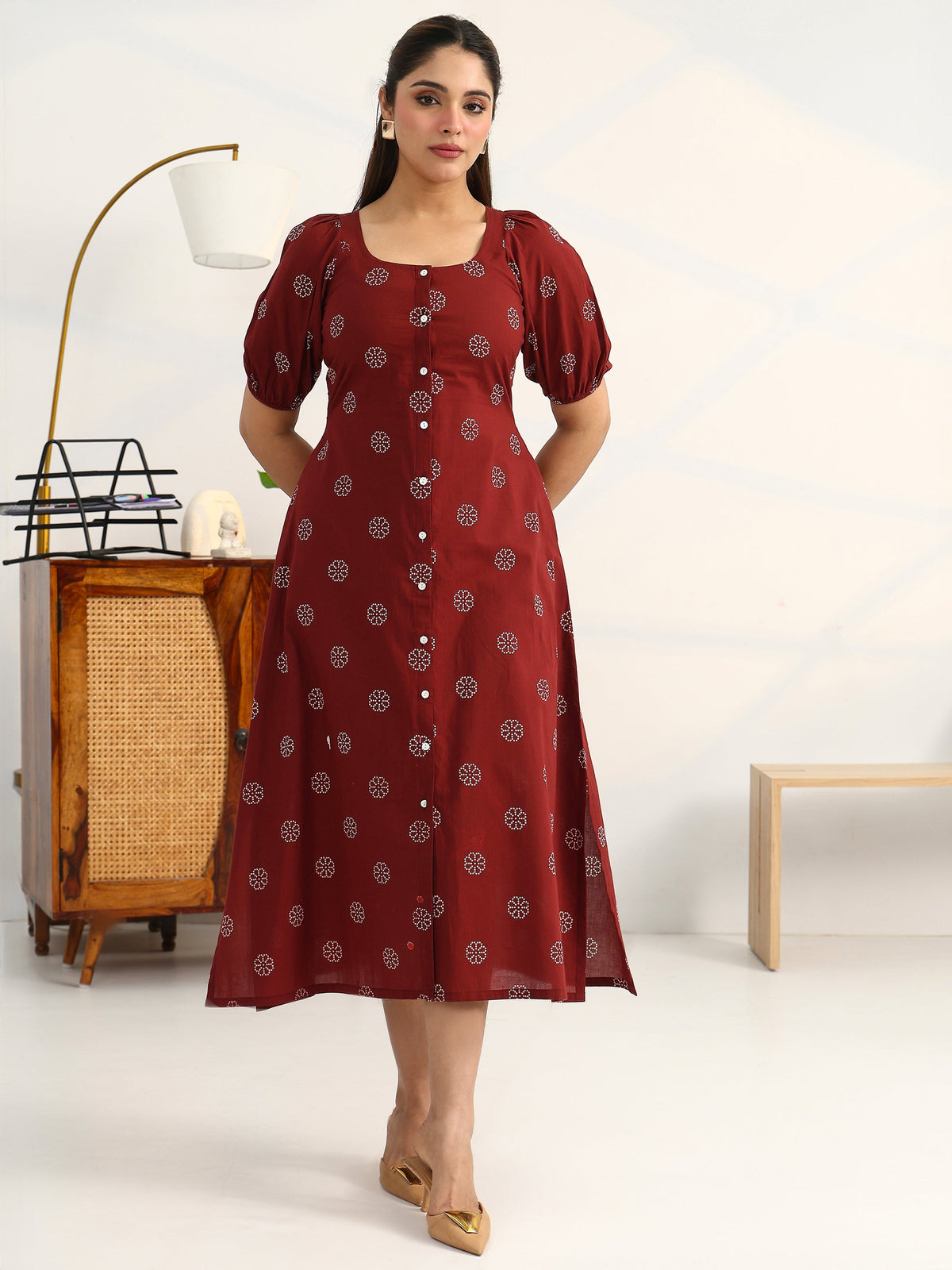 Gerua Rust Printed Cotton Blend A-Line Puff Sleeves One Piece Dress