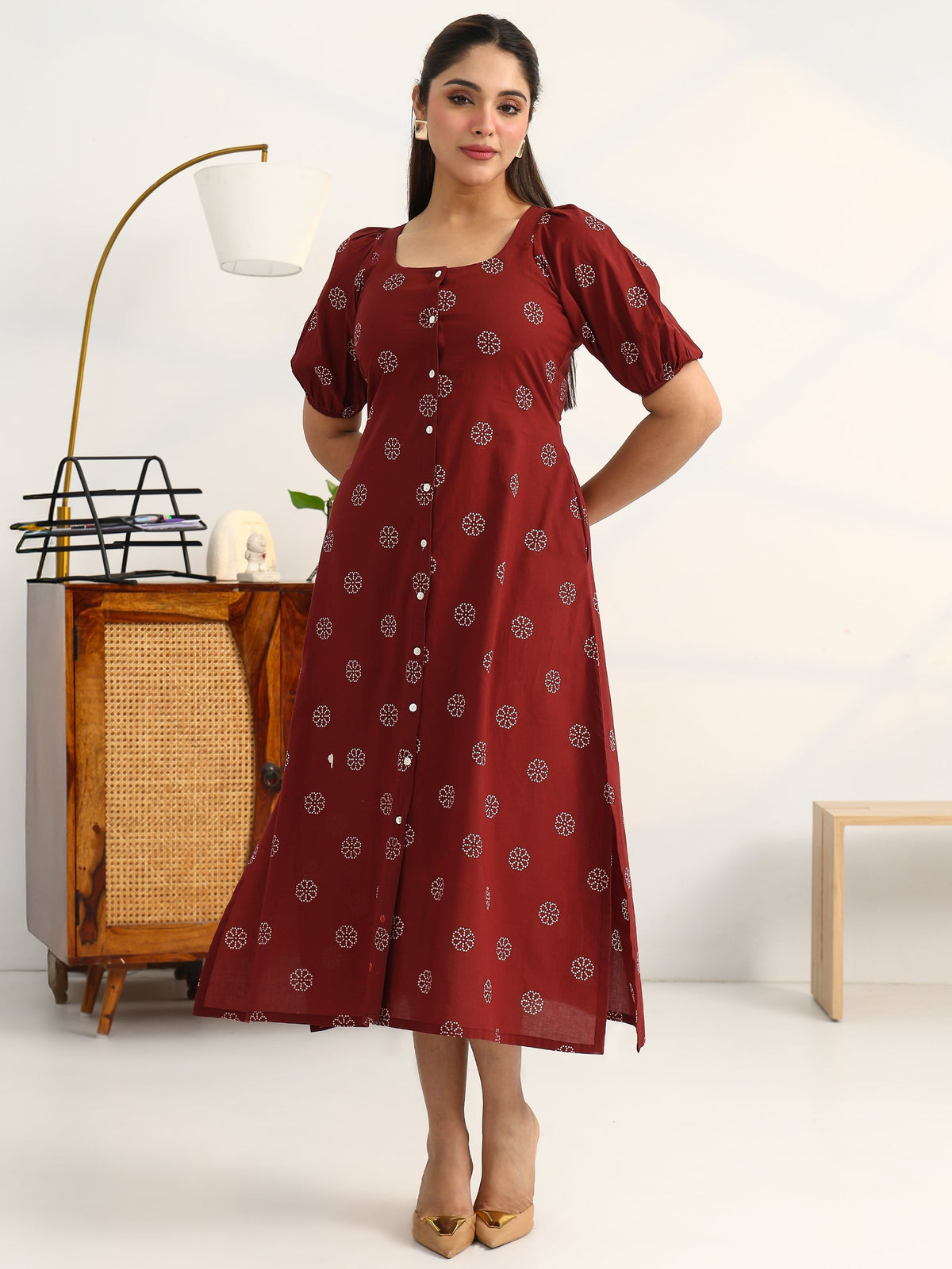 Gerua Rust Printed Cotton Blend A-Line Puff Sleeves One Piece Dress