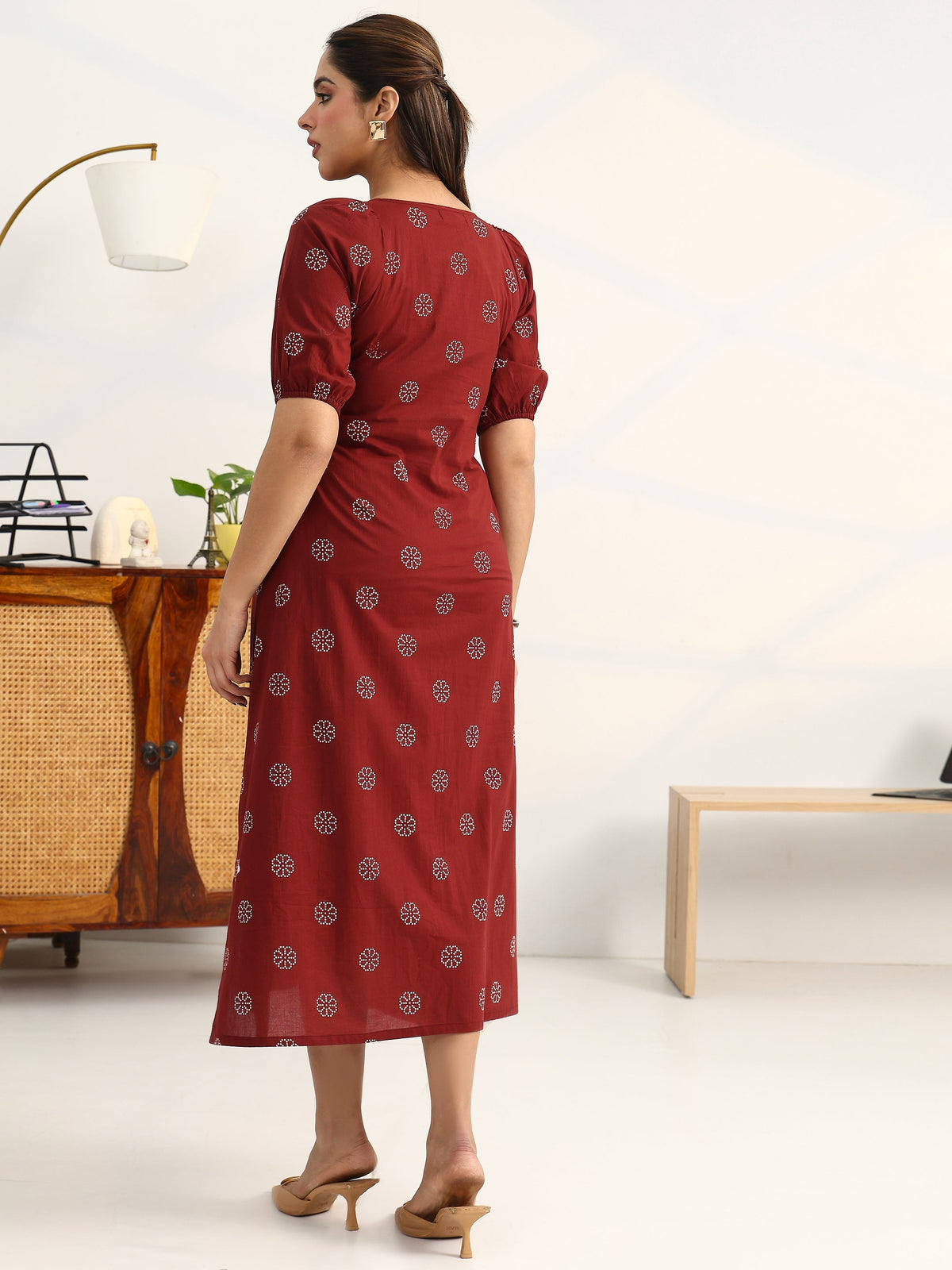 Gerua Rust Printed Cotton Blend A-Line Puff Sleeves One Piece Dress