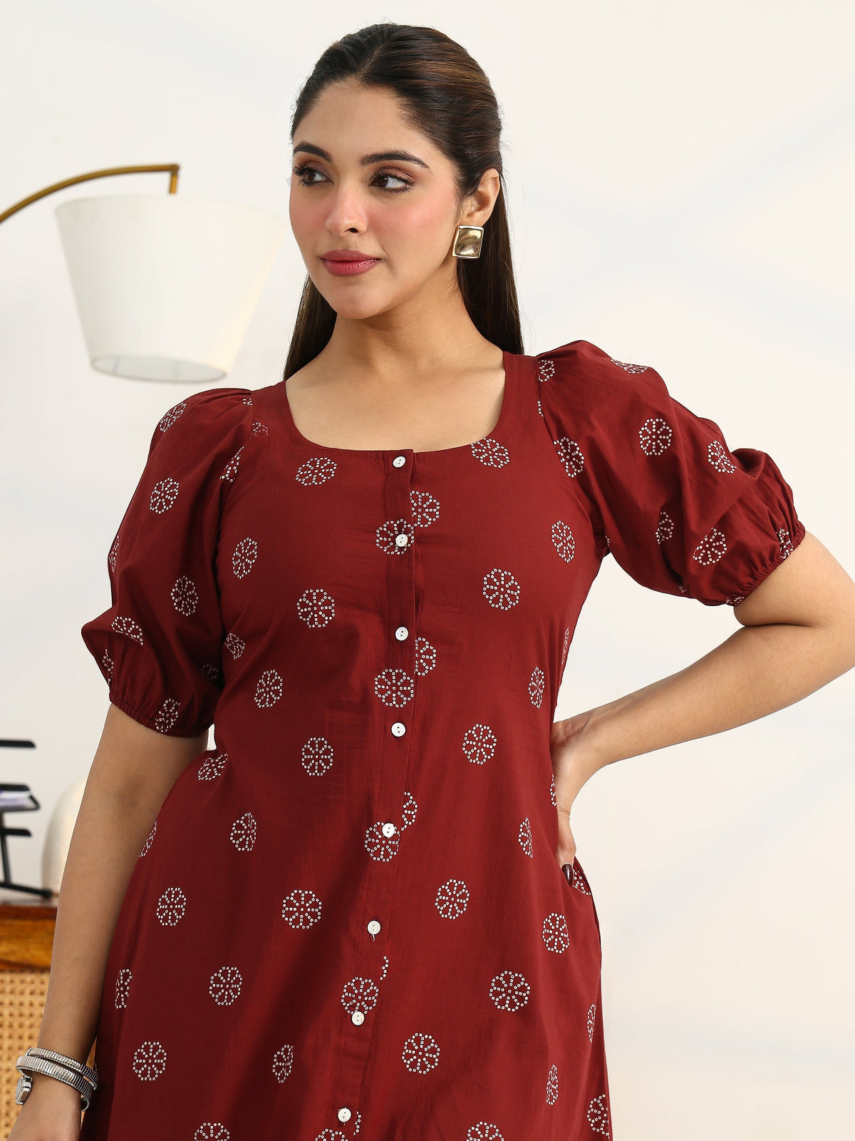 Gerua Rust Printed Cotton Blend A-Line Puff Sleeves One Piece Dress