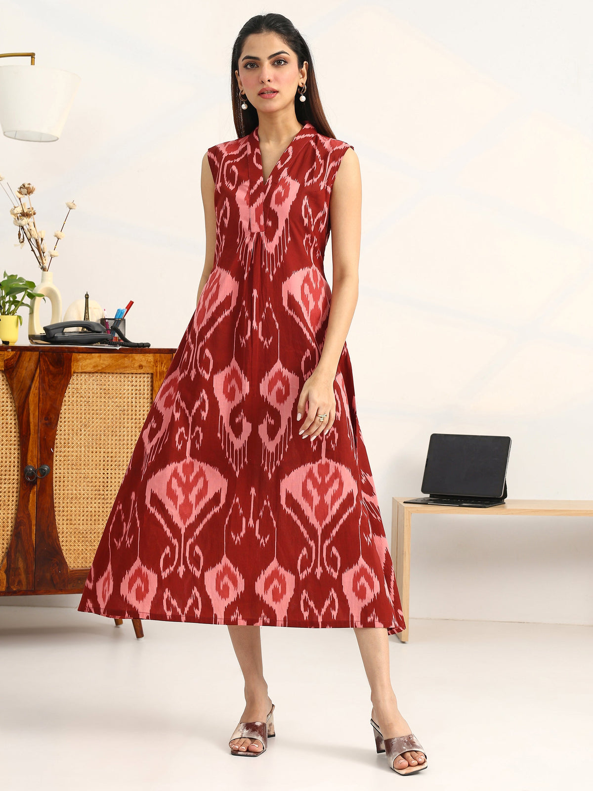 Gerua Rust Printed Cotton Blend A-Line Sleeveless One Piece Dress