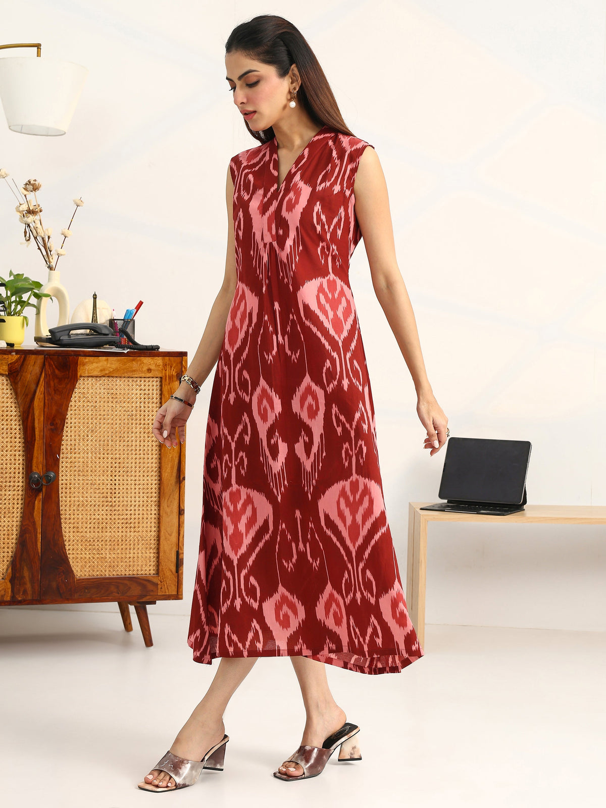 Gerua Rust Printed Cotton Blend A-Line Sleeveless One Piece Dress